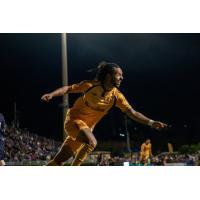 Noah Fuson of Rhode Island FC reacts after his goal