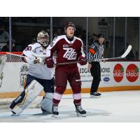 Peterborough Petes right wing Brady Stonehouse in front of the net