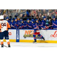 Kitchener Rangers' Christian Humphreys congratulated by team