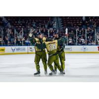 Utah Grizzlies' Mick Messner celebrates with teammates