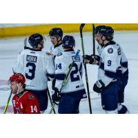 Worcester Railers huddle against the Allen Americans