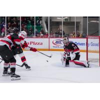 Belleville Senators goaltender Leevi Meriläinen eyes a shot from the Utica Comets