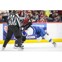 Tucson Roadrunners' Max Szuber versus Abbotsford Canuck's Chase Wouters