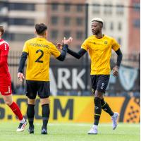 Augi Williams celebres his goal with Danny Griffin of Pittsburgh Riverhounds SC