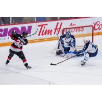 Belleville Senators right wing Oskar Pettersson launches a shot against the Manitoba Moose