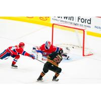 Tyler Thorpe of the Vancouver Giants scores against the Spokane Chiefs