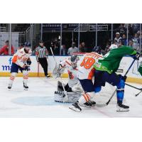 Greenville Swamp Rabbits goaltender Jacob Ingham and forward Tyson Fawcett vs. the Jacksonville Icemen