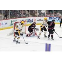 Wheeling Nailers' David Jankowski and Matt Quercia versus Adirondack Thunder's Jeremy Brodeur and Brendan Less