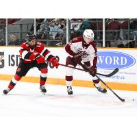 Peterborough Petes centre Aiden Young (right) handles the puck vs. the Ottawa 67's