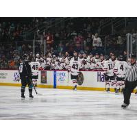 Rapid City Rush's Luke Mylymok and Parker Bowman congratulated by team