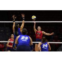 Grand Rapids Rise outside hitter Paige Briggs-Romine goes up high