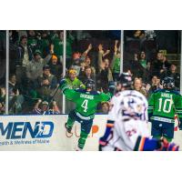 Maine Mariners forward Wyllum Deveaux plays to the crowd