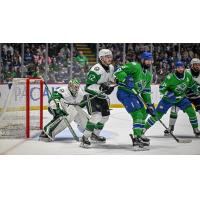 Texas Stars goaltender Remi Poirier and center Arttu Hyry vs. the Abbotsford Canucks