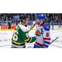 London Knights left wing Denver Barkey shakes hands with Moncton Wildcats centre Markus Vidicek
